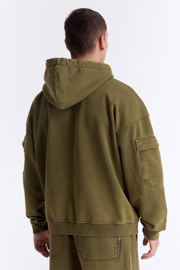 Haki Yıkamalı Kapüşonlu Fermuarlı Oversize Cep Detaylı Sweatshirt