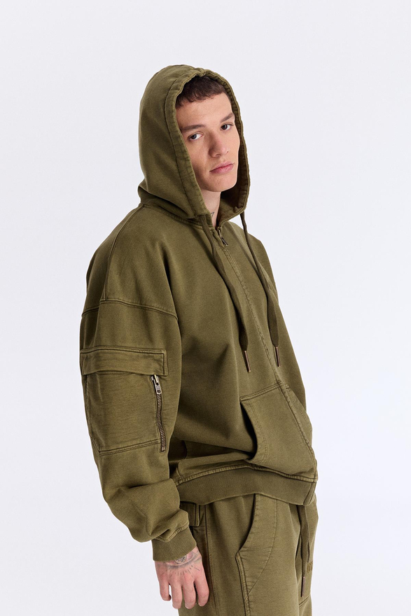 Haki Yıkamalı Kapüşonlu Fermuarlı Oversize Cep Detaylı Sweatshirt