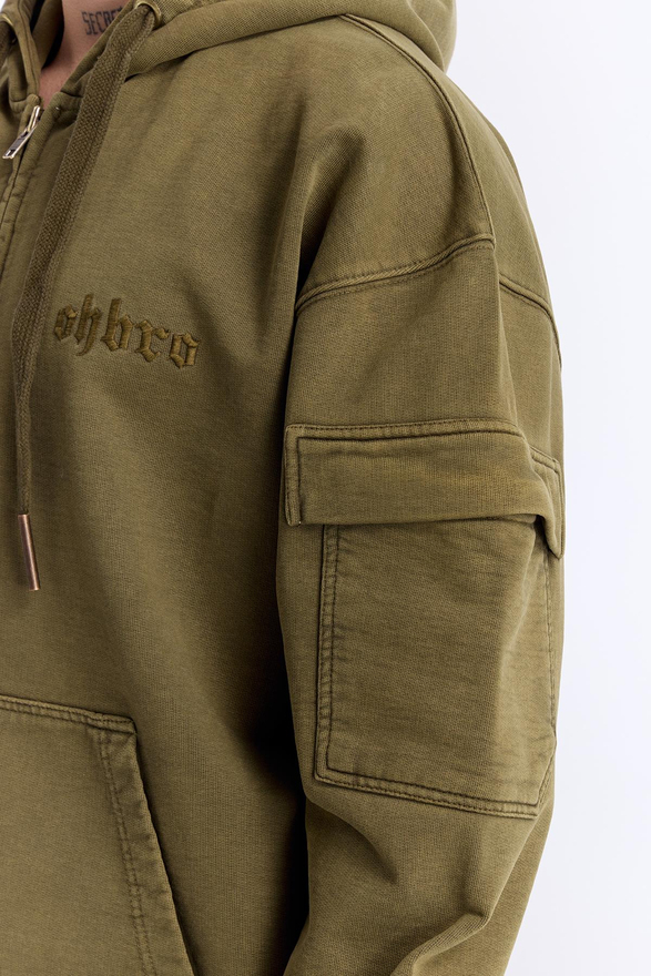 Haki Yıkamalı Kapüşonlu Fermuarlı Oversize Cep Detaylı Sweatshirt