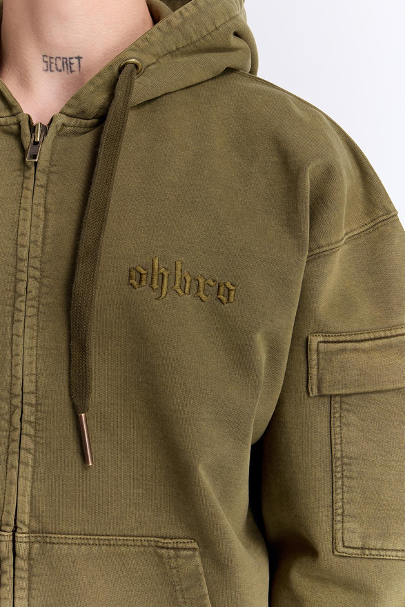 Haki Yıkamalı Kapüşonlu Fermuarlı Oversize Cep Detaylı Sweatshirt
