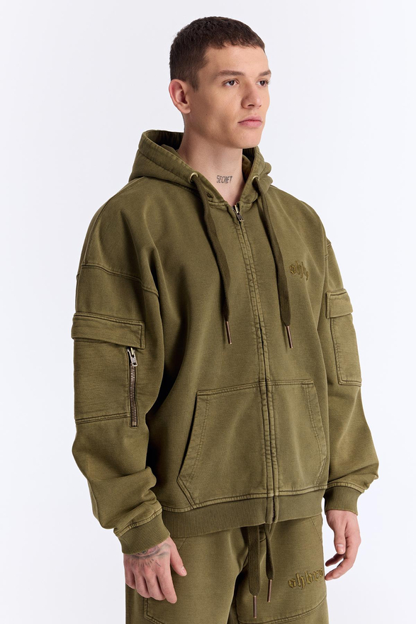 Haki Yıkamalı Kapüşonlu Fermuarlı Oversize Cep Detaylı Sweatshirt