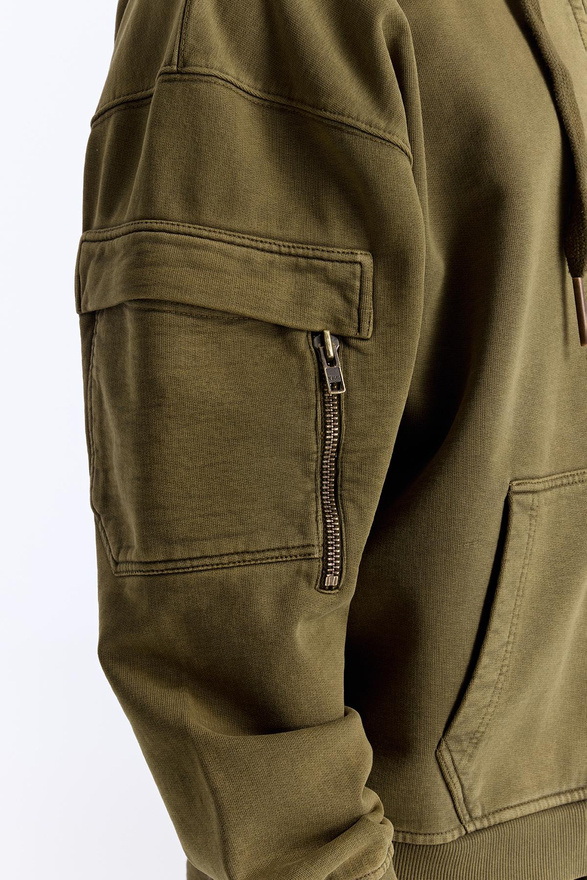 Haki Yıkamalı Kapüşonlu Fermuarlı Oversize Cep Detaylı Sweatshirt