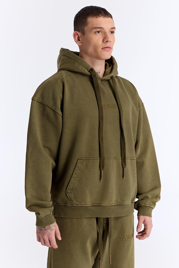Haki Yıkamalı Kapüşonlu Oversize Sweatshirt