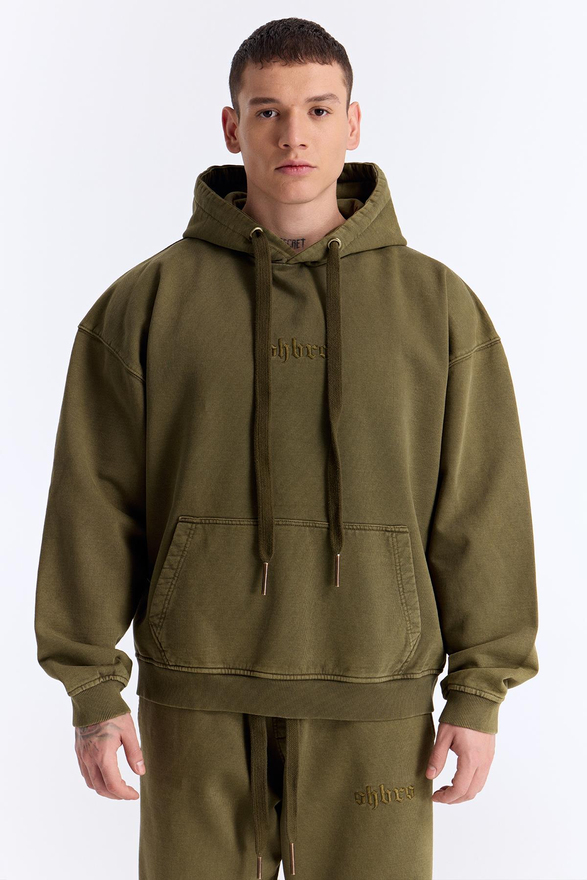 Haki Yıkamalı Kapüşonlu Oversize Sweatshirt