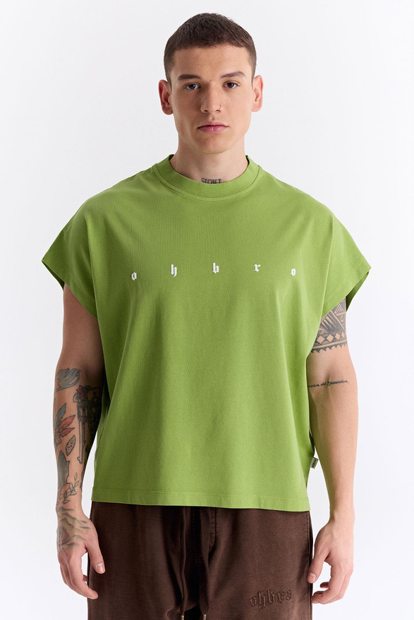 LONG LOGO SUPER OVERSIZE CROP SLEEVELESS T-SHIRT in sharp green