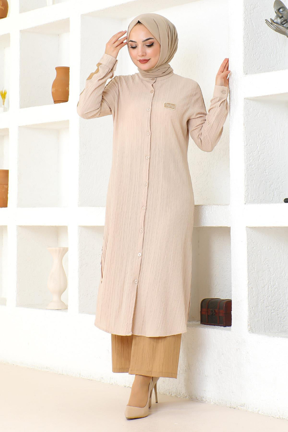 Arma Detaylı Düğmeli Takım Bej 19194