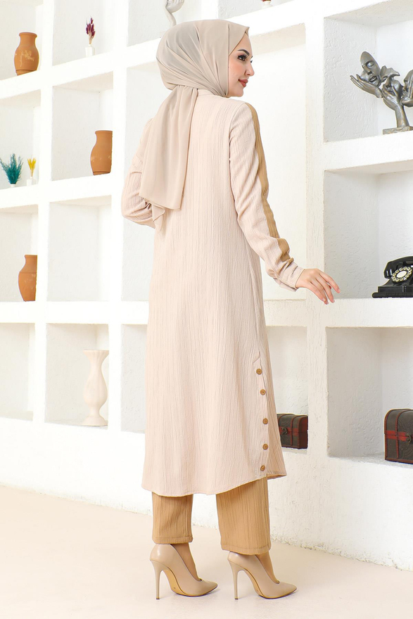 Arma Detaylı Düğmeli Takım Bej 19194