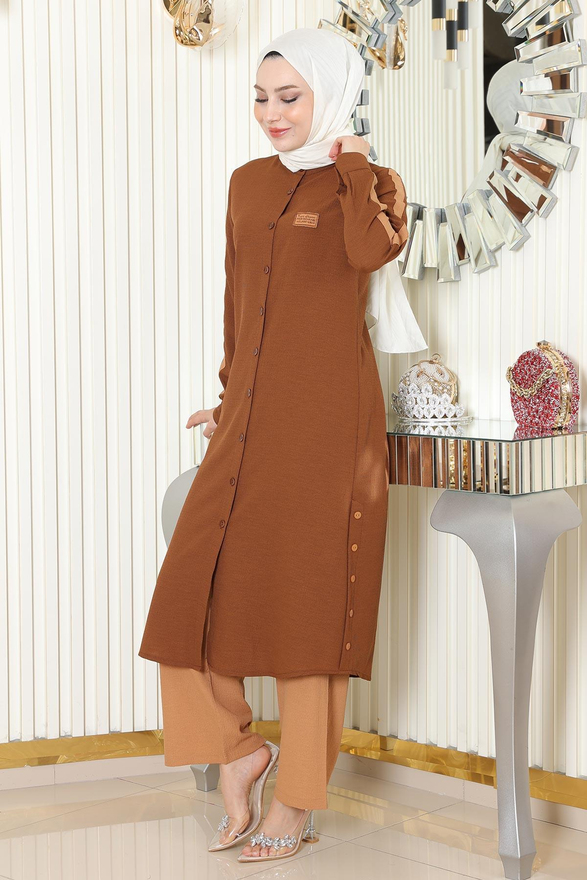 Arma Detaylı Düğmeli Takım Kahverengi 19197