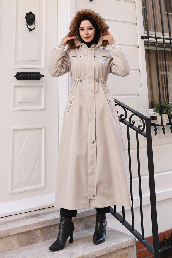 Arma Detaylı Kapşonlu Mont Bej 19268