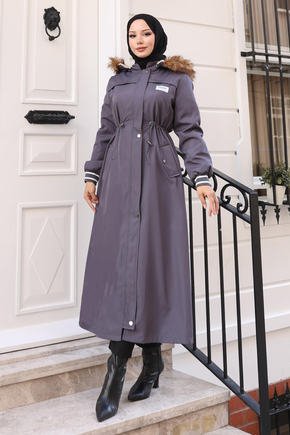 Arma Detaylı Kapşonlu Mont Gri 19268