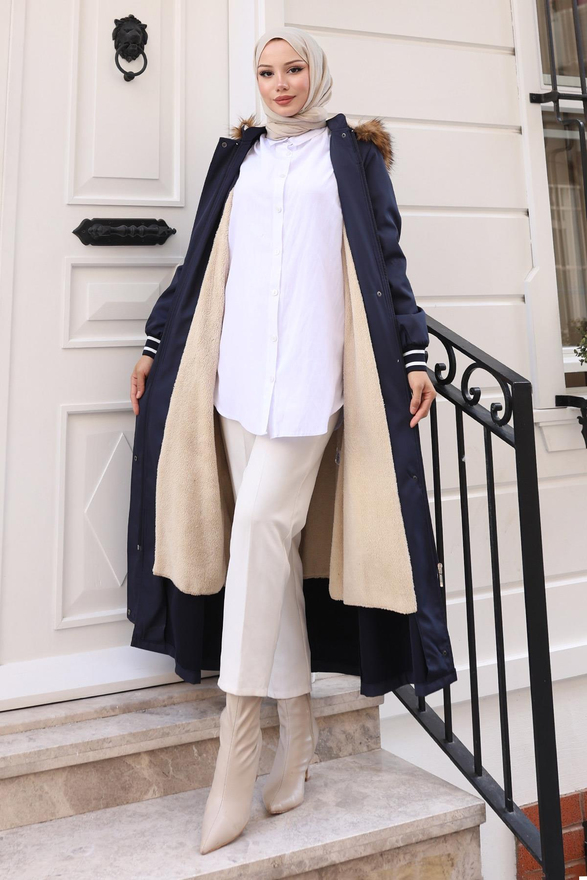 Arma Detaylı Kapşonlu Mont Lacivert 19268