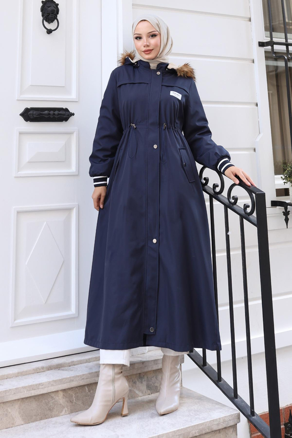 Arma Detaylı Kapşonlu Mont Lacivert 19268