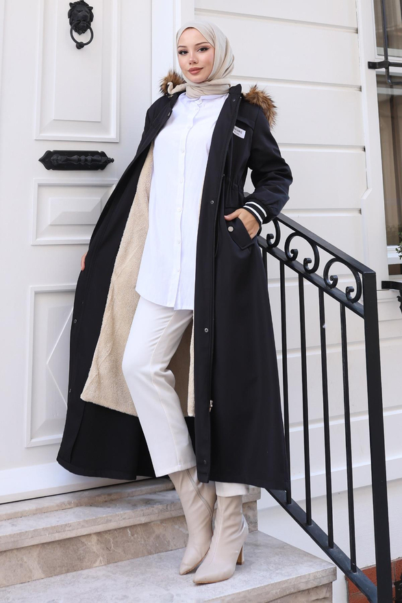 Arma Detaylı Kapşonlu Mont Siyah 19268