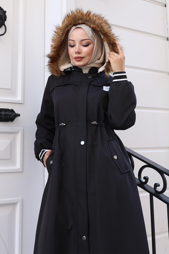 Arma Detaylı Kapşonlu Mont Siyah 19268