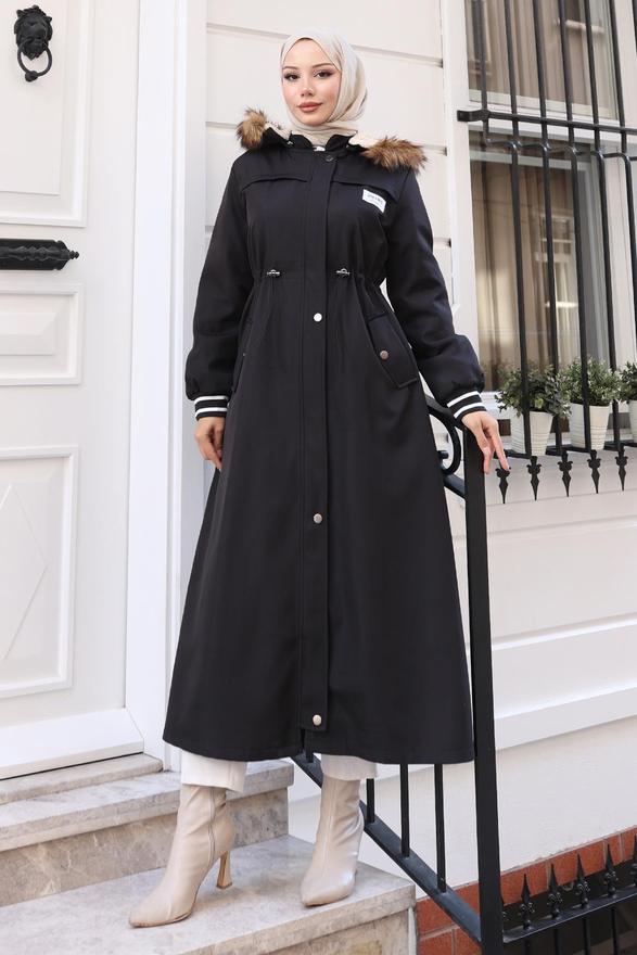 Arma Detaylı Kapşonlu Mont Siyah 19268