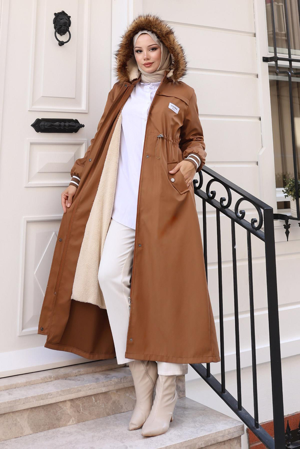 Arma Detaylı Kapşonlu Mont Taba 19268