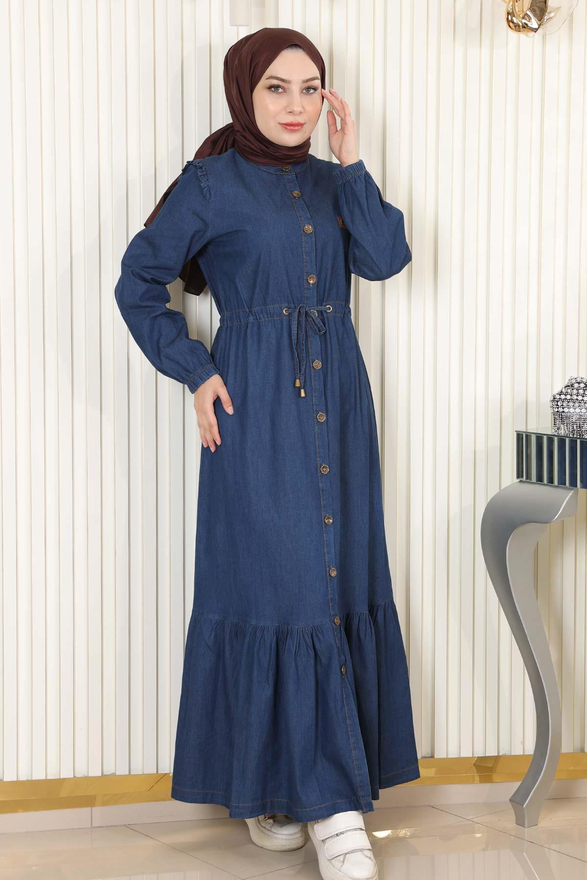 Beli Bağcıklı Düğmeli Kot Elbise Koyu Mavi 19193