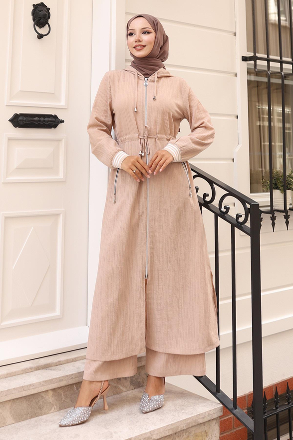 Beli Bağcıklı Kapşonlu Takım Bej 19236