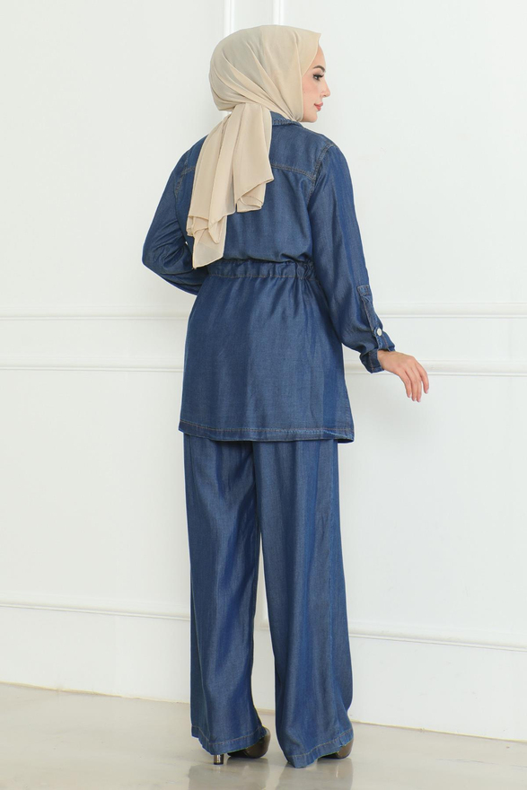 Beli Bağcıklı Kot Takım Koyu Mavi 19209