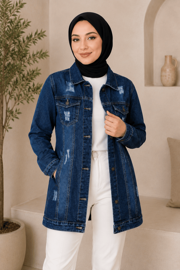 Cebi Lazer Detaylı Kot Ceket Koyu Mavi 6095