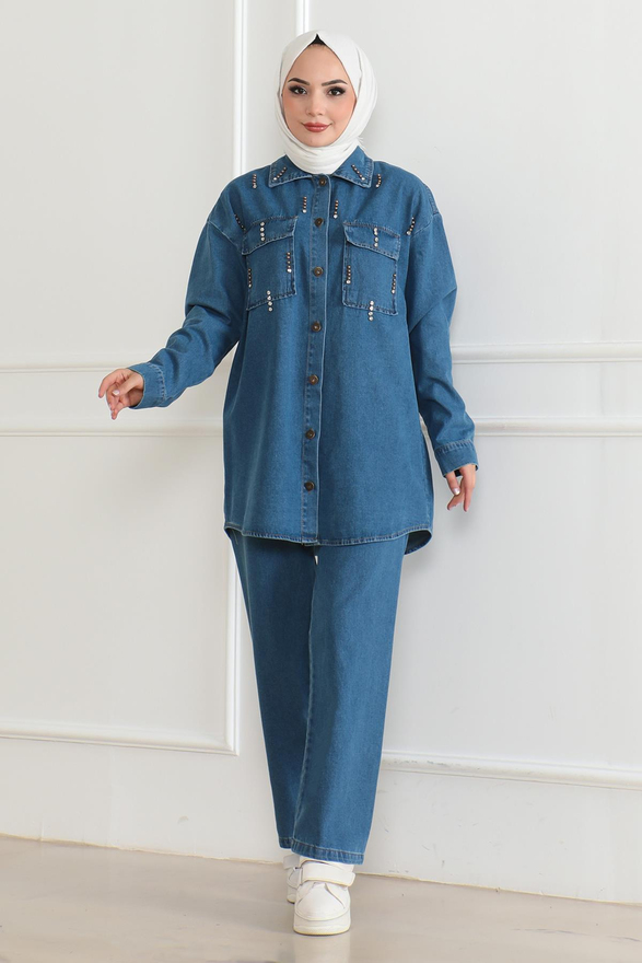 Cepli Taş Detaylı Kot Takım Mavi 19207
