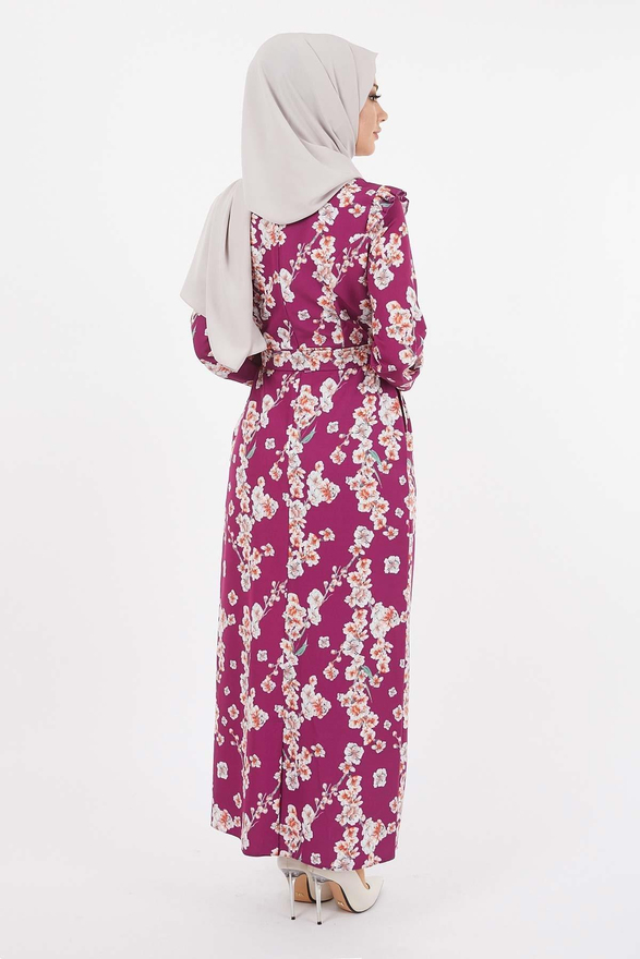 Çiçekli Kalem Elbise Mürdüm 12223