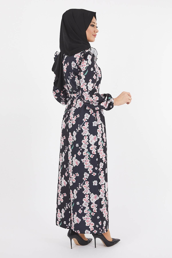 Çiçekli Kalem Elbise Siyah 12223
