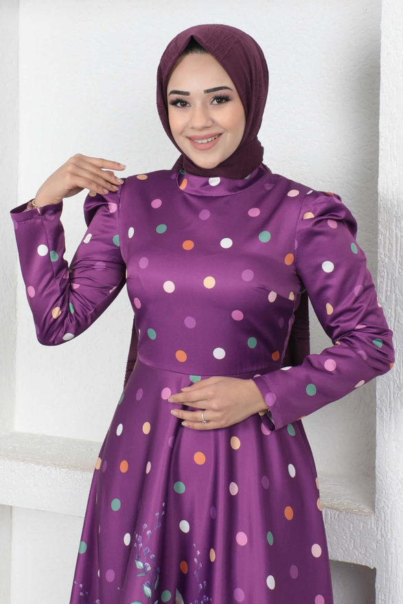 Çiçekli Puantiyeli Saten Abiye Mürdüm MSW12251-1