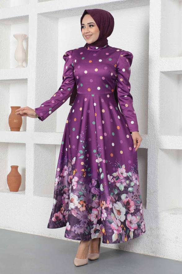 Çiçekli Puantiyeli Saten Abiye Mürdüm MSW12251-1