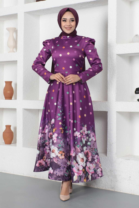 Çiçekli Puantiyeli Saten Abiye Mürdüm MSW12251-1