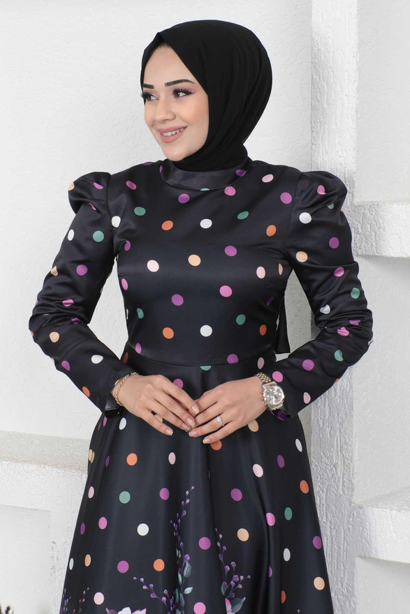 Çiçekli Puantiyeli Saten Abiye Siyah MSW12251-2