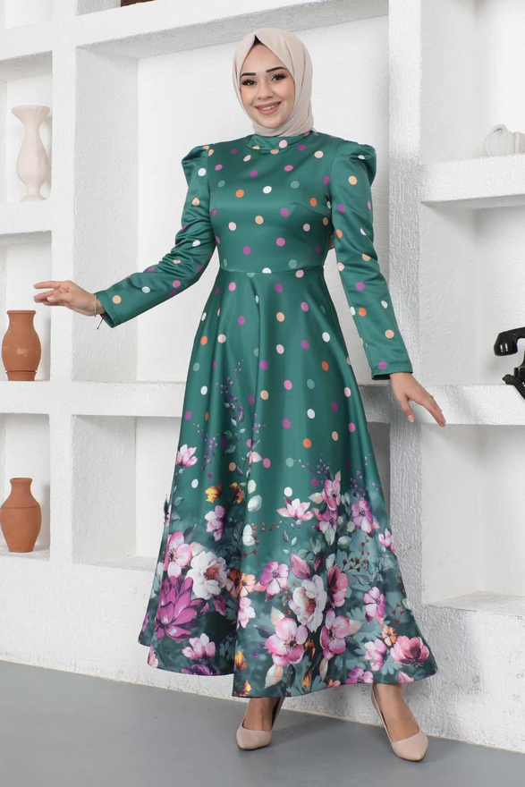 Çiçekli Puantiyeli Saten Abiye Zümrüt MSW12251-3