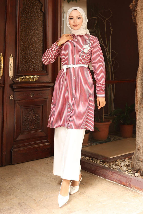 Çizgili Nakış Detaylı Takım Bordo 19261