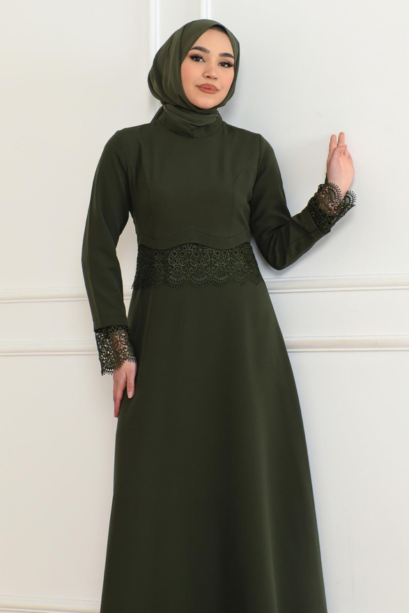 Dantel Detaylı Elbise Haki 6126