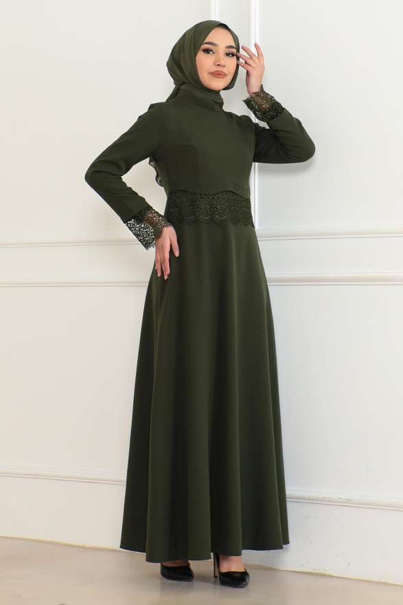 Dantel Detaylı Elbise Haki 6126