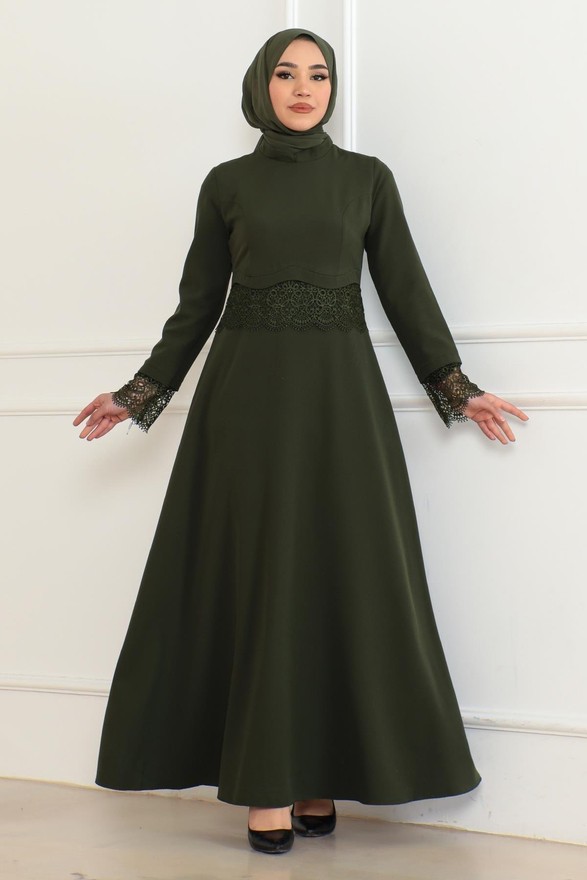Dantel Detaylı Elbise Haki 6126