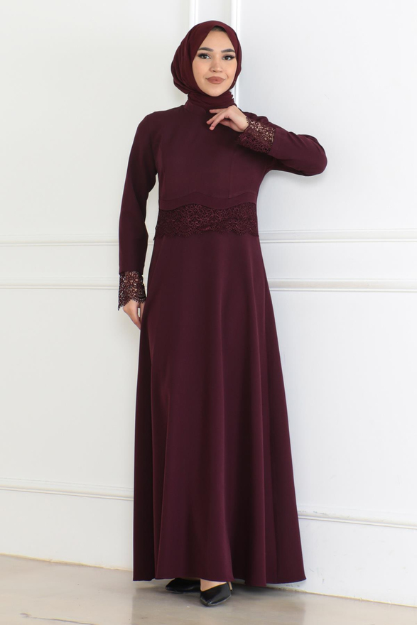 Dantel Detaylı Elbise Mürdüm 6117