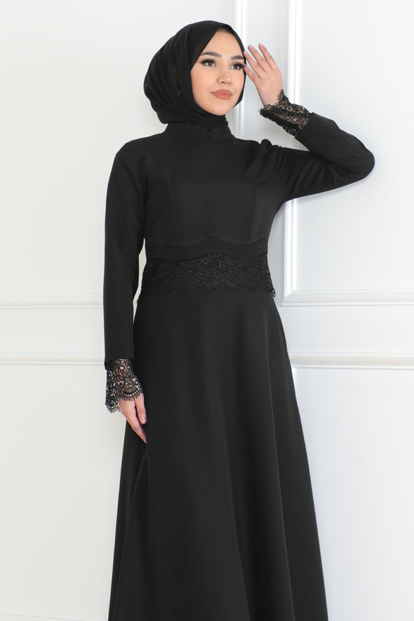 Dantel Detaylı Elbise Siyah 6117