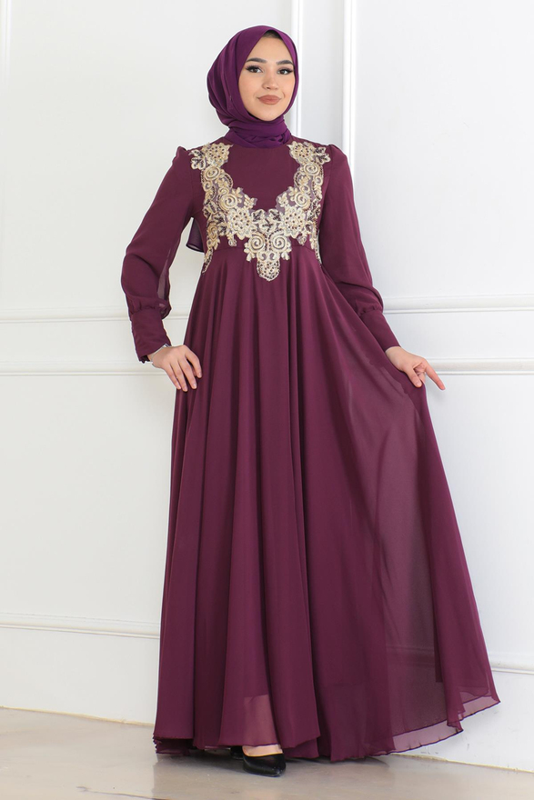 Dantel Detaylı Şifon Abiye Mürdüm 6113