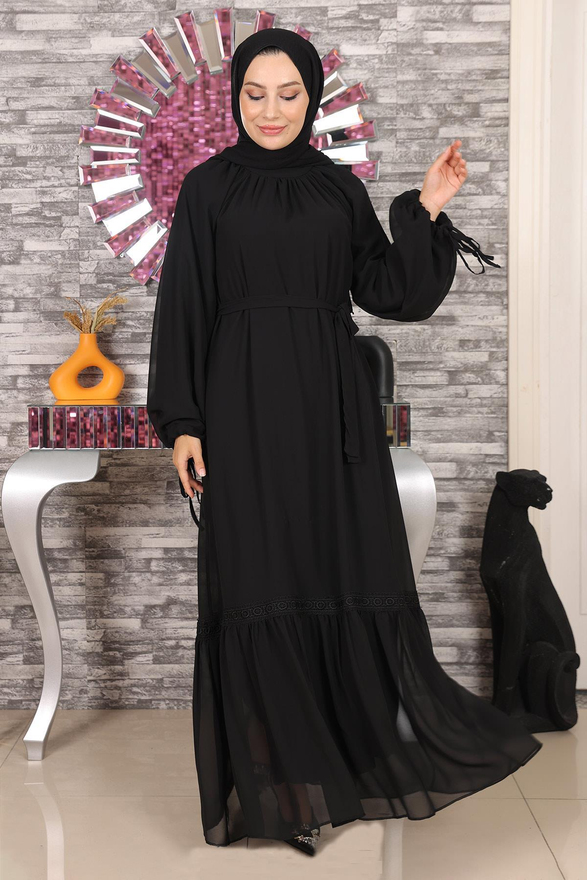 Dantel Detaylı Şifon Abiye Siyah 19143
