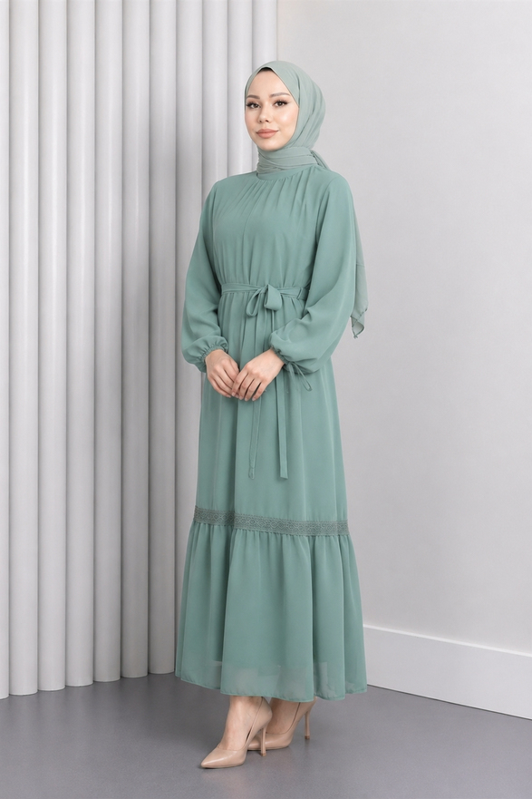 Dantel Detaylı Şifon Elbise Mint 19143