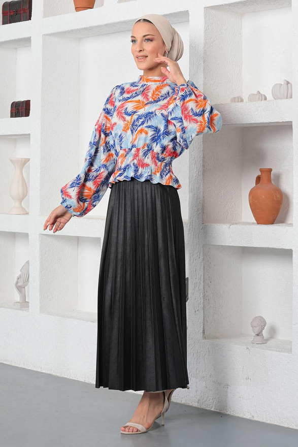 Desenli Lastikli Bluz Mavi 19800