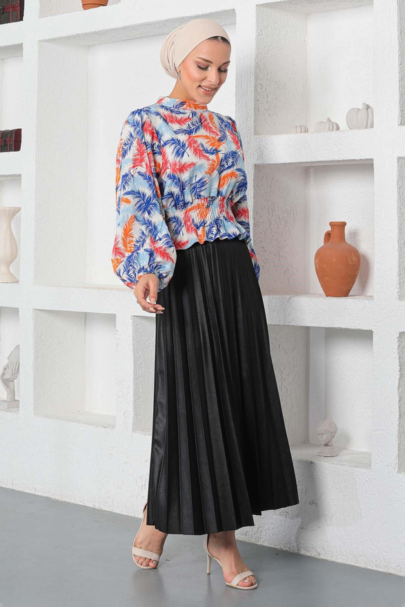 Desenli Lastikli Bluz Mavi 19800