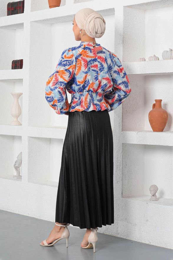 Desenli Lastikli Bluz Mavi 19800