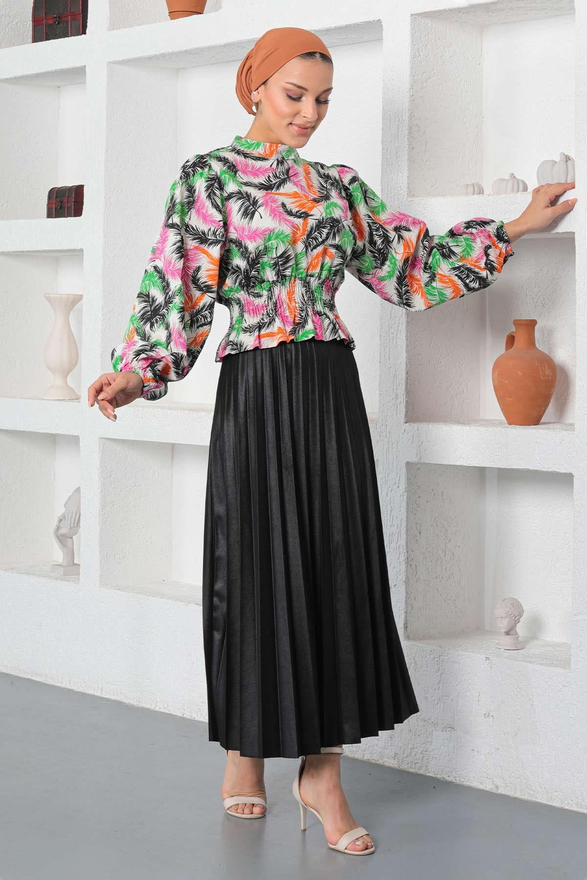 Desenli Lastikli Bluz Siyah 19800