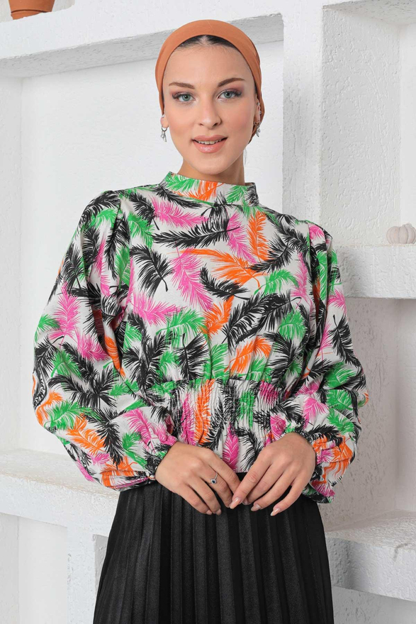 Desenli Lastikli Bluz Siyah 19800