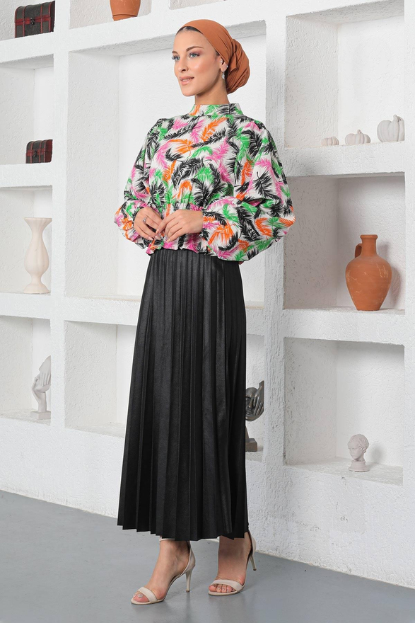 Desenli Lastikli Bluz Siyah 19800