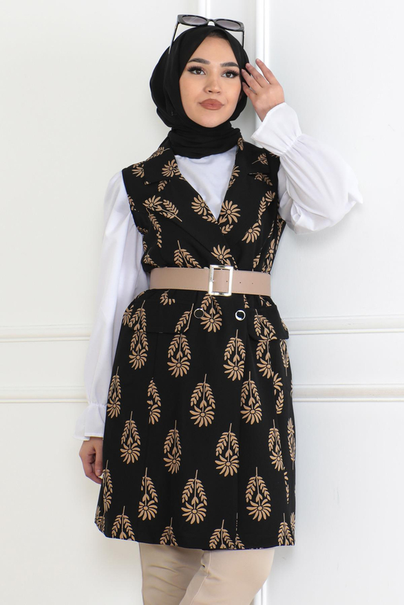 Desenli Tesettür Ceket Siyah 6111