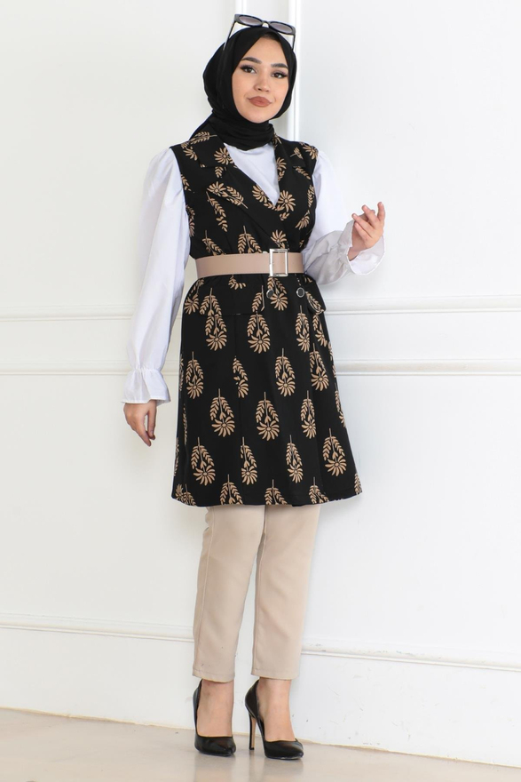 Desenli Tesettür Ceket Siyah 6111