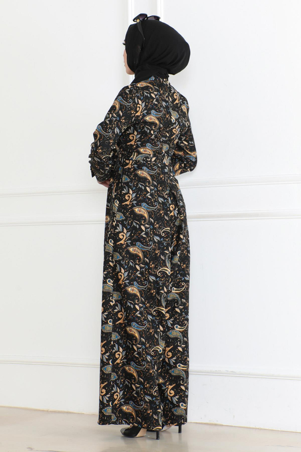 Desenli Tesettür Tulum Elbise Siyah 6112